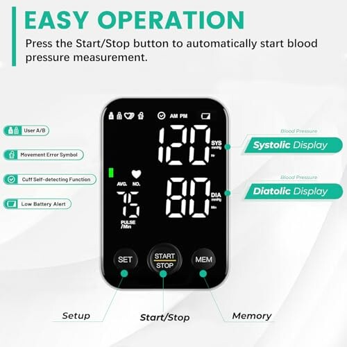 Digital blood pressure monitor with labeled display and buttons