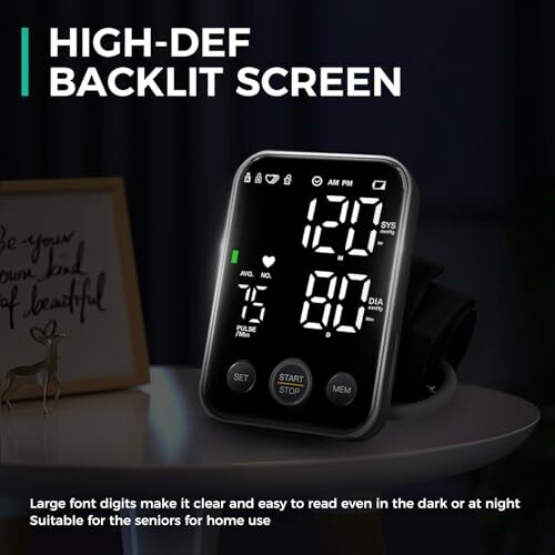 Digital blood pressure monitor with high-def backlit screen and large font digits.