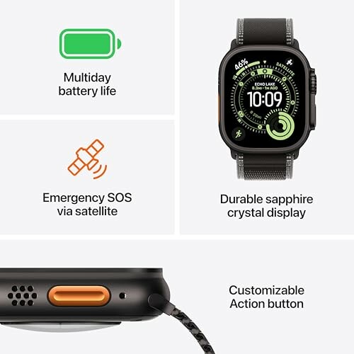 Smartwatch features including multiday battery, emergency SOS via satellite, durable sapphire display, customizable action button.