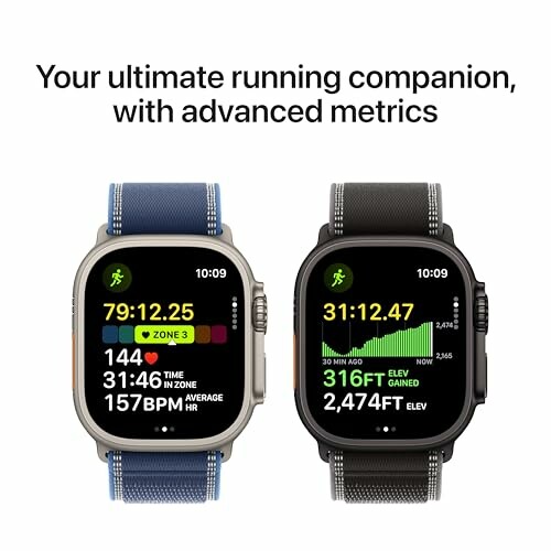 Two smartwatches with running metrics display.